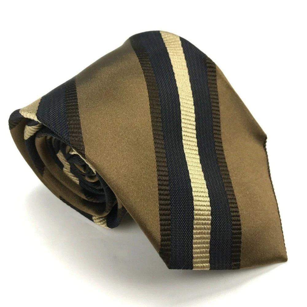 Corneliani Tie Brown Beige Navy Blue Striped 100% Silk Italian Necktie
